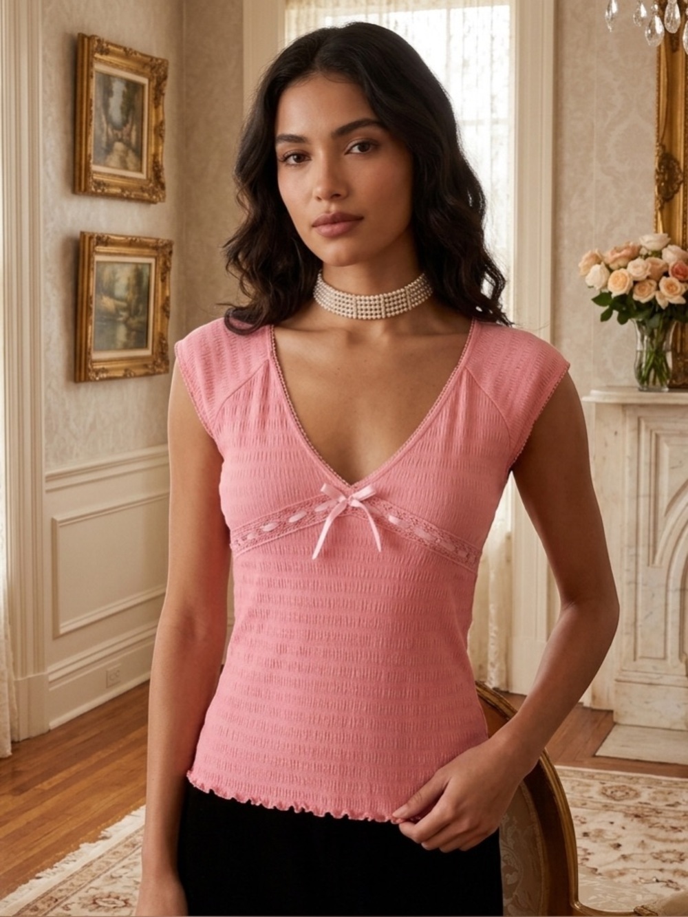 Vintage 90’s Jazzie Pink V-Neck Cap Sleeve Bow Blouse